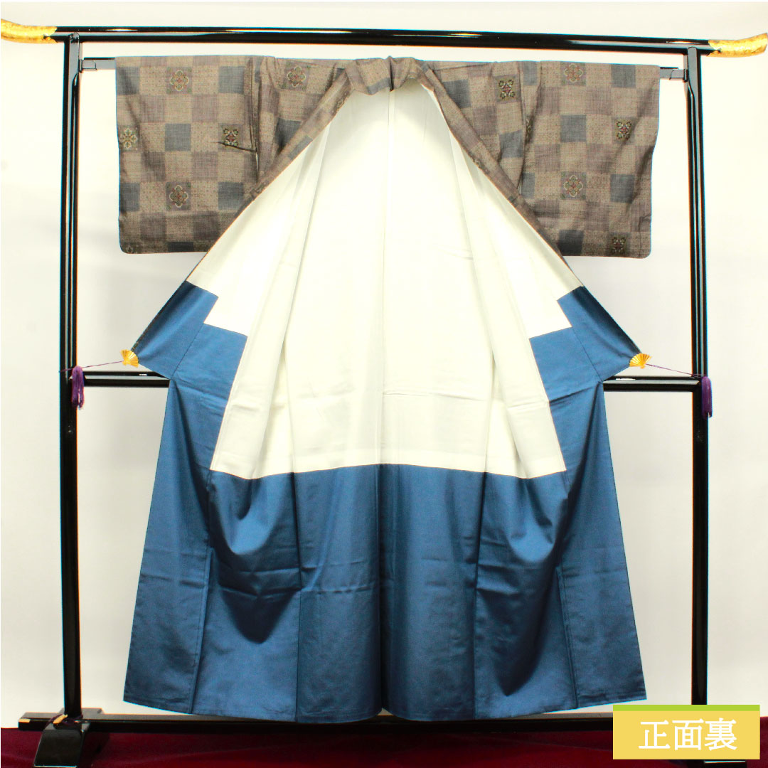 大島紬 正絹 身丈155.5cm 裄丈64cm 経緯絣 市松 Sランク 袷 茶系 1116002962314