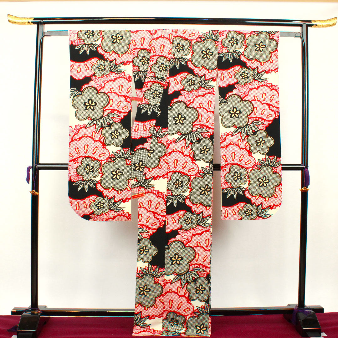 振袖 身丈170.5cm 裄丈67cm 袷 モノトーン 洗える着物 松竹梅 ポリ Sランク 黒系 1113001322610