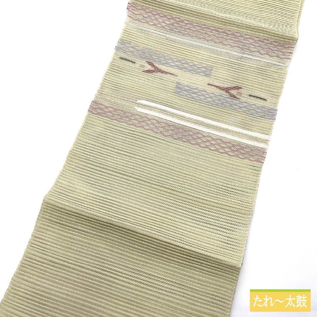 名古屋帯 硫黄色(いおういろ) 夏帯 櫛織 抽象模様 帯丈365cm 正絹 Sランク ポイント柄 カジュアル 緑系 1124008642319 松葉仕立て