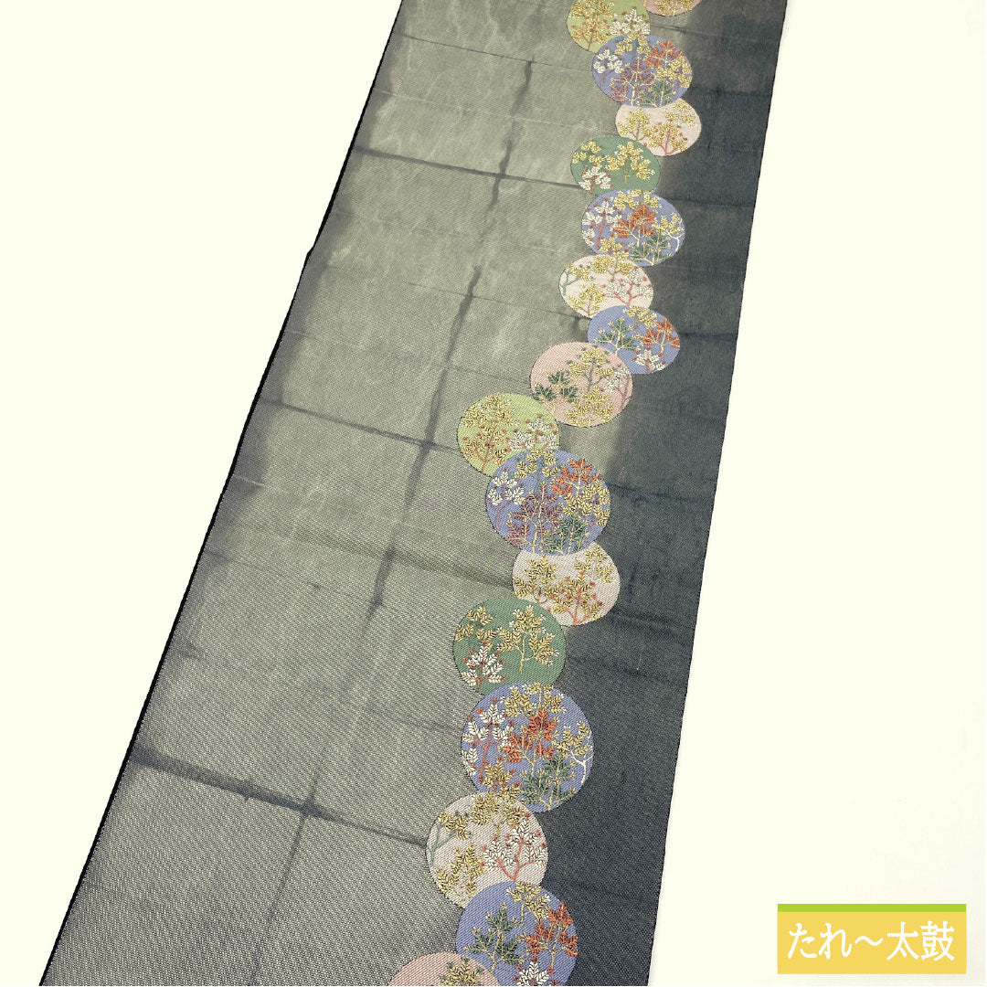 袋帯 正絹 Sランク 薄鼠色(うすねずいろ) 西陣織 引箔 丸輪に草花模様 帯丈440cm 六通 セミフォーマル グレー系 1123017022322