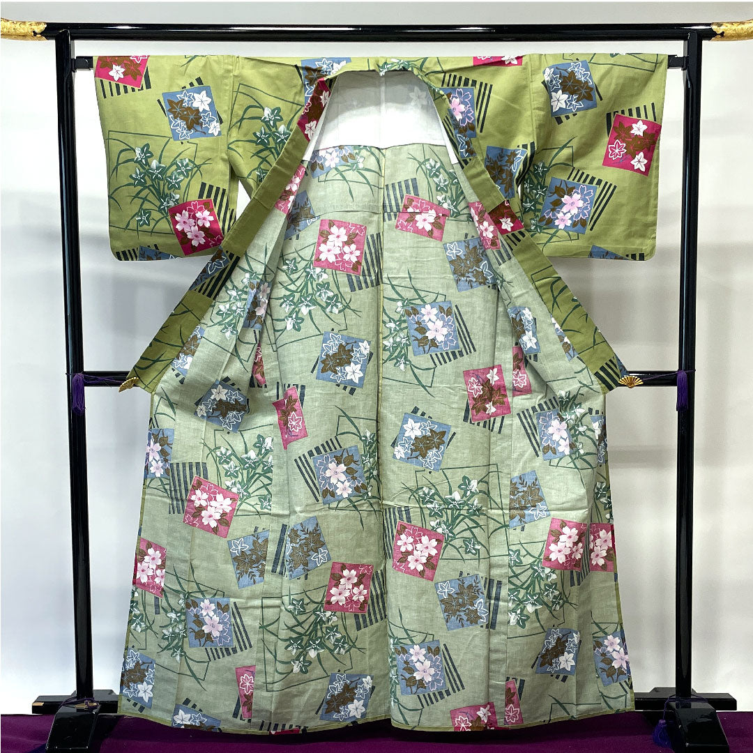 浴衣 浅青朽葉色 桜 紅葉 木綿 Sランク 単衣 身丈163.5cm 裄丈67cm 緑系 1118002262419