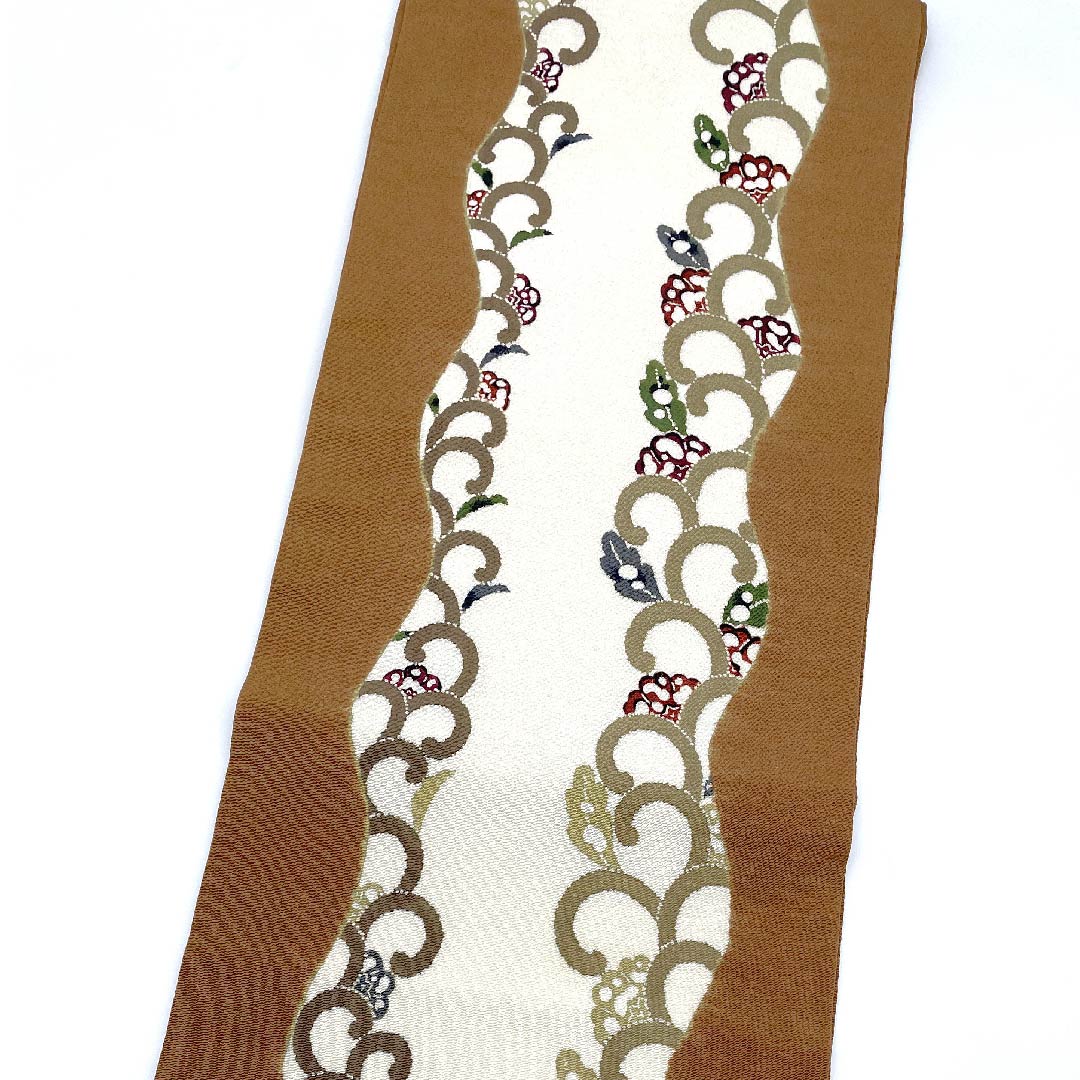 Nagoya obi, lotus leaf dyeing, Kyoto Bingata, Kuriyama Kobo, plant pattern, obi length 355cm, pure silk, S rank, point pattern, casual, brown, 1124005242314, Nagoya tailoring