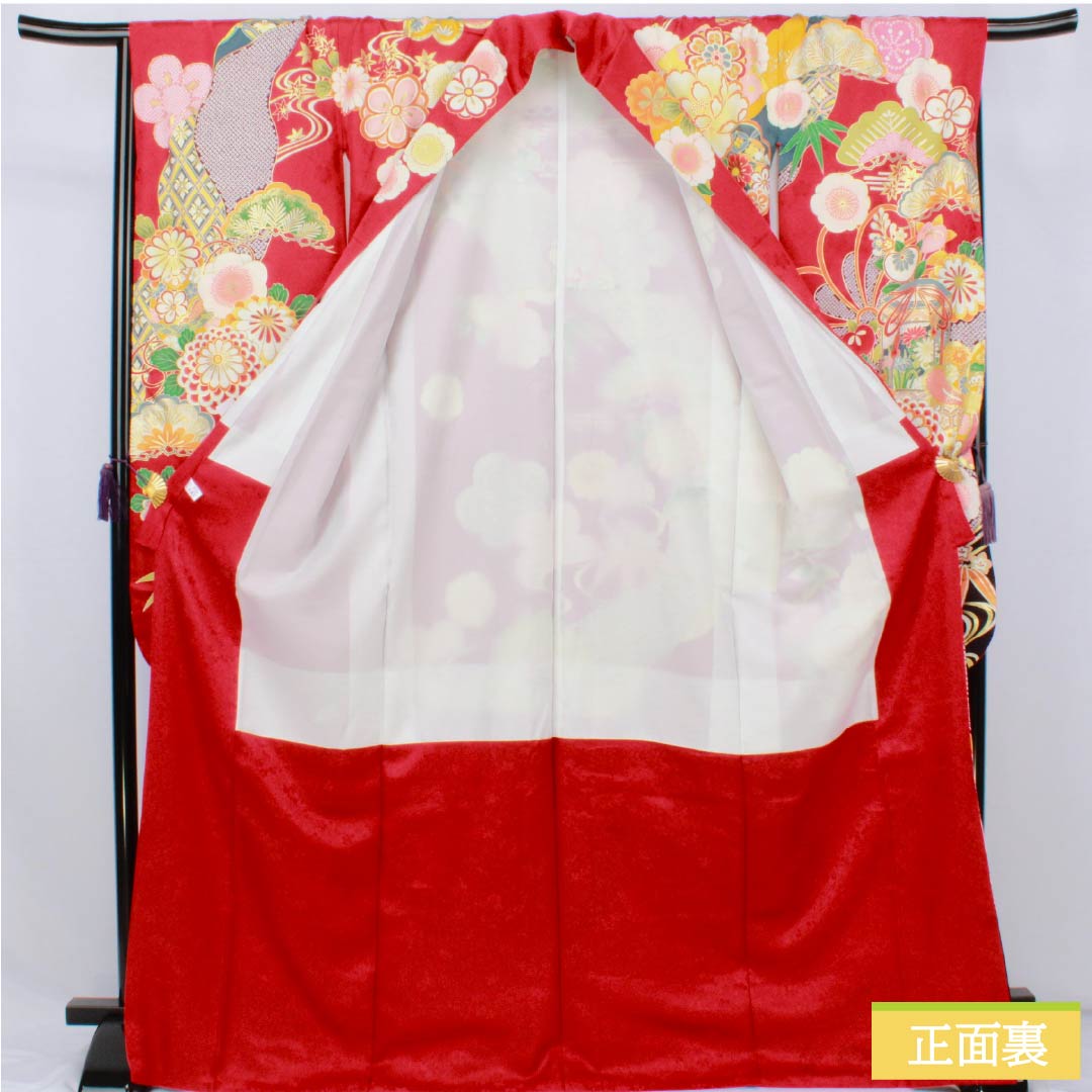 振袖 正絹 Sランク 身丈170.5cm 裄丈67.5cm 袷 真紅色(しんくいろ) 京友禅 吉祥文様 松竹梅 菊 ECOガード加工 赤系 1113002602612