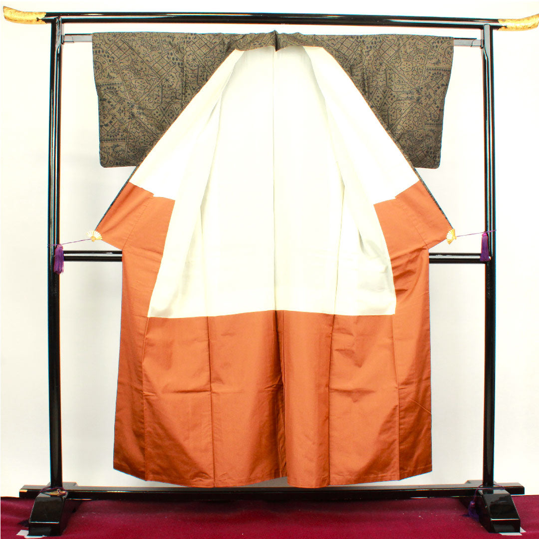 Oshima Tsumugi, Length 154.5cm, Sleeve length 62cm, Karakin color, Warp and weft ikat, Abstract pattern, Pure silk, A rank, Lined, Black, 1116002573210