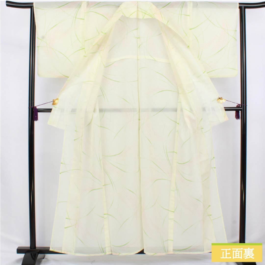 夏物 ポリエステル 小紋 身丈159cm 裄丈63.5cm 白百合色(しらゆりいろ) ススキ 洗える着物 絽 Sランク 黄系 1132002582323