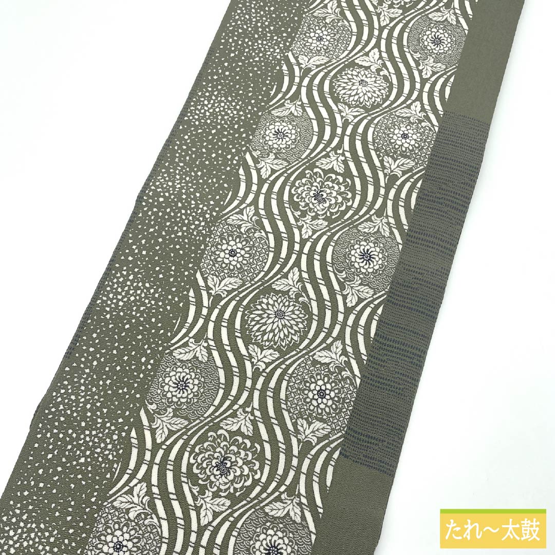 名古屋帯 正絹 Aランク 浮草鼠色(うきくさねずいろ) 型染 立涌 菊 帯丈368cm 全通 カジュアル 緑系 1124009683319 名古屋仕立て