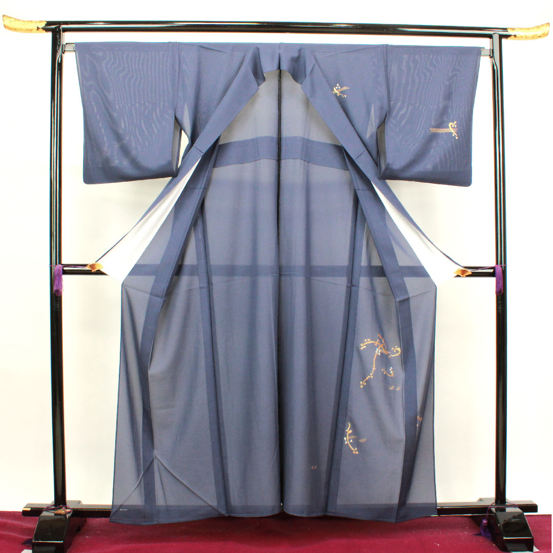 訪問着 夏物 身丈158cm 裄丈66cm 瞑色 絽 竹屋町刺繡 抽象模様 桔梗に三つ鱗 正絹 Sランク 紺系 1112002772318