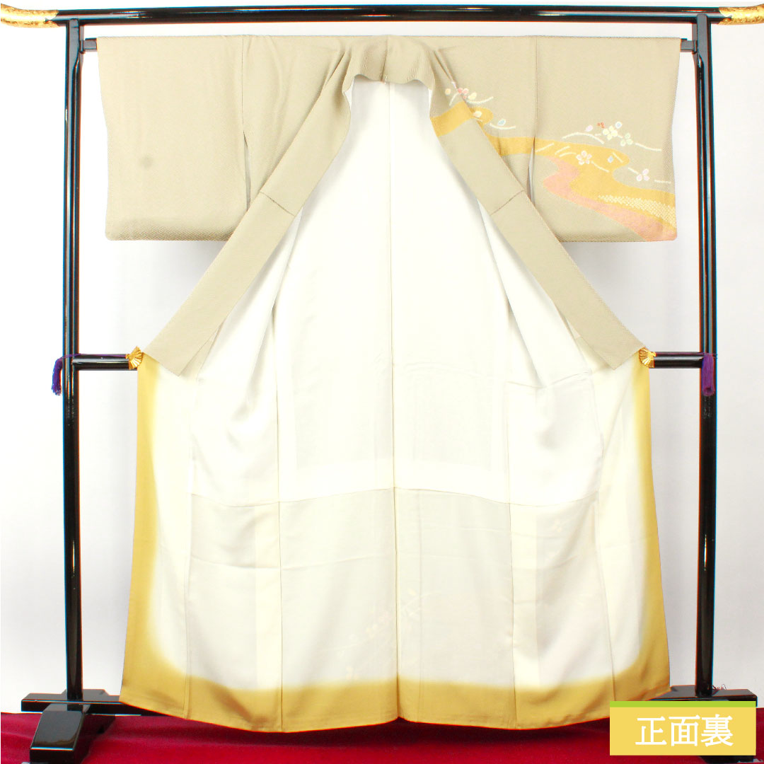 訪問着 正絹 袷 身丈163cm 裄丈67.5cm 蠟色(ろういろ) 絞り 抽象模様 一つ紋 剣片喰 縫い紋 Sランク ベージュ系 1112004492425