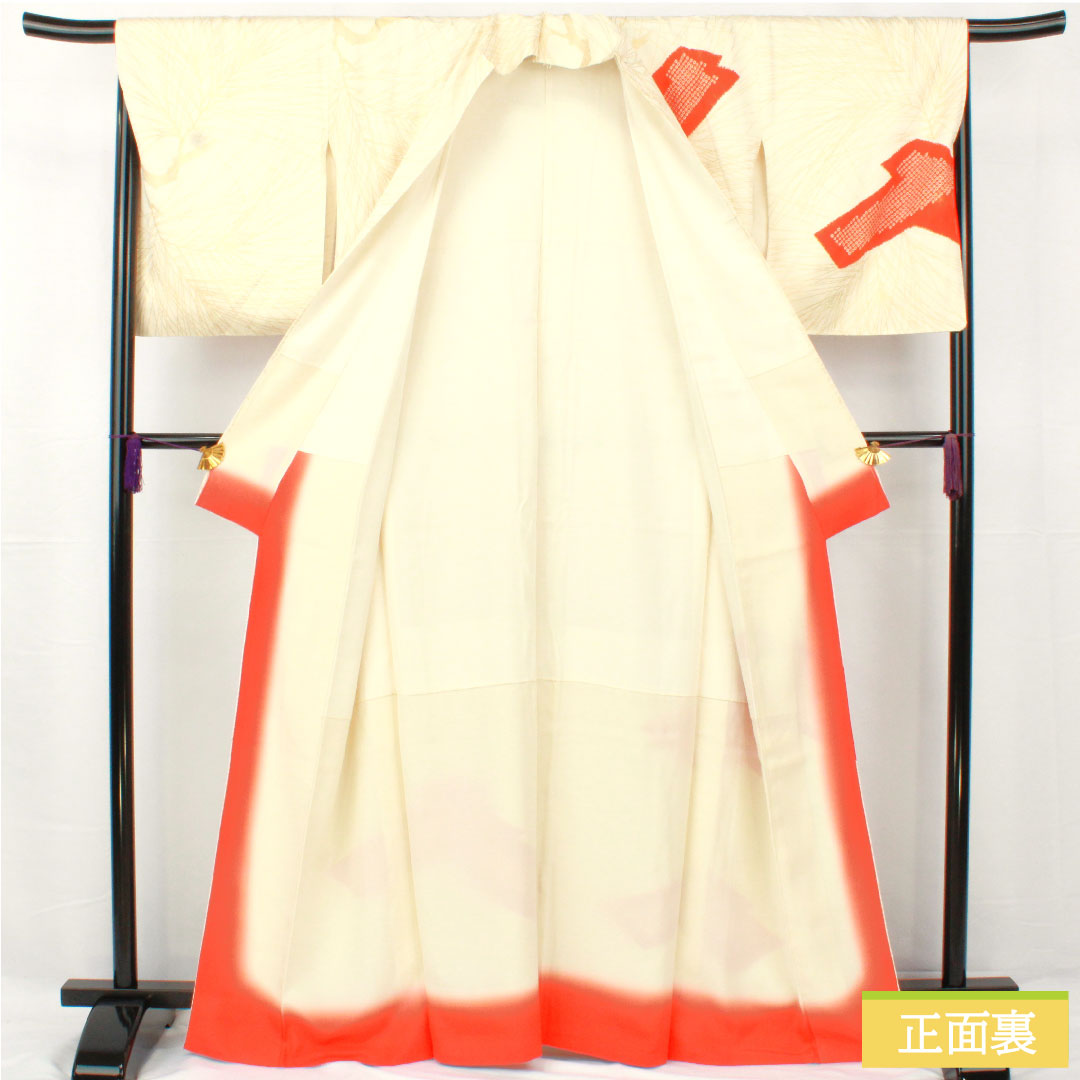 Homongi, pure silk, lined, length 164cm, sleeve length 65cm, white lily color, Kyoto Yuzen, pine, S rank, cream color, 1112004952415