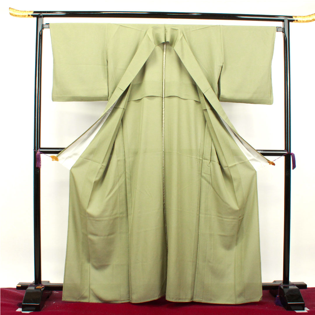 夏物 正絹 色無地 身丈165cm 裄丈65.5cm 麴塵色(きくじんいろ) 素無地 絽 Aランク 緑系 1132001503519