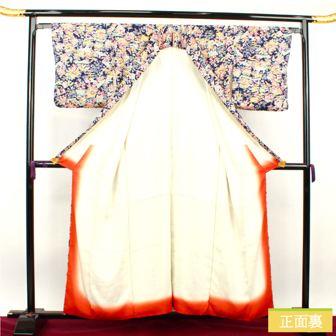 小紋 正絹 身丈157cm 裄丈64cm 袷 紺桔梗色 草花模様 茶屋辻 Sランク 紺系 1115003632318