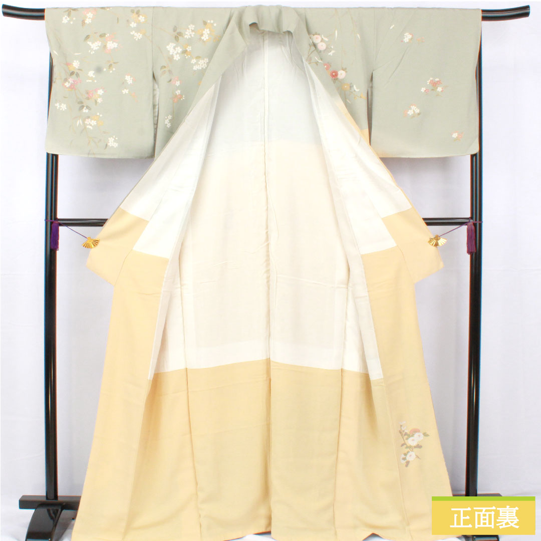 訪問着 正絹 袷 身丈165.5cm 裄丈66.5cm 東京白茶色(とうきょうしらちゃいろ) 青磁色(せいじいろ) 京友禅 草花模様 Sランク グラデーション系 1112005722599