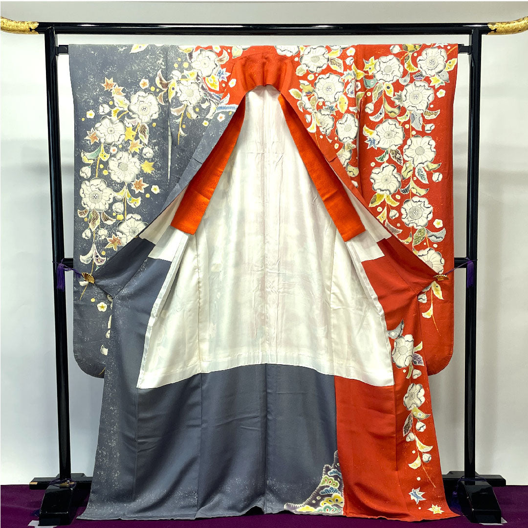 Long-sleeved kimono, length 175.5cm, sleeve length 68cm, lined, Kyoto Yuzen, Tsujigahana, dyed separately, circle with quince, pure silk, A rank, gradation style, 1113001583899