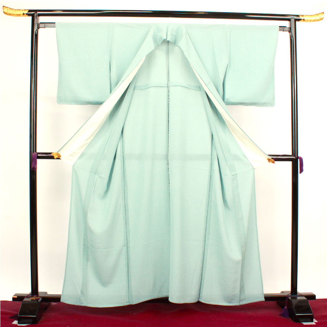 夏物 正絹 色無地 身丈159.5cm 裄丈63.5cm 砧青磁色(きぬたせいじいろ) 浮線蔦 しつけ糸付き 絽 Aランク 水色系 1132000843324