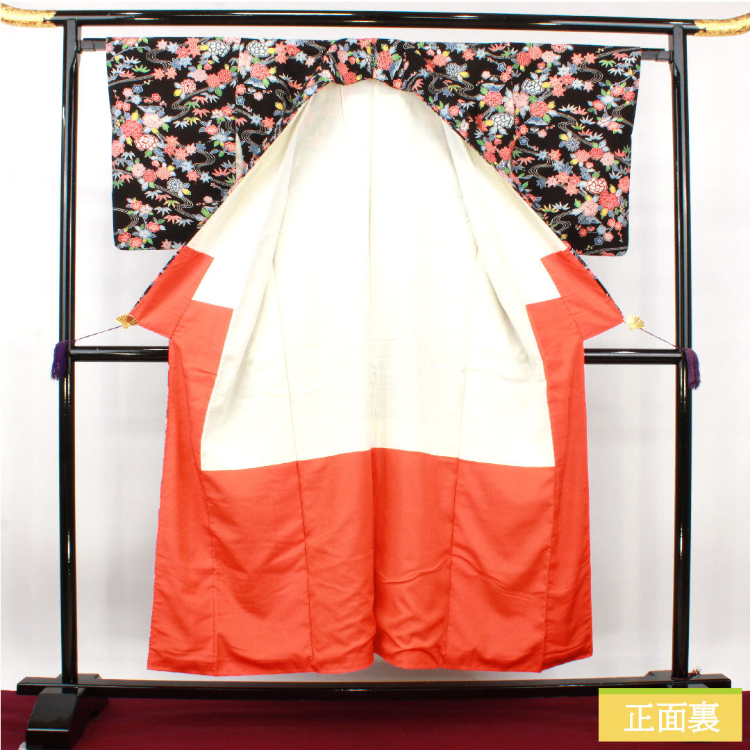 Komon, pure silk, length 152cm, sleeve length 63.5cm, lined, stencil-dyed, auspicious motif, S rank, black, 1115004132210