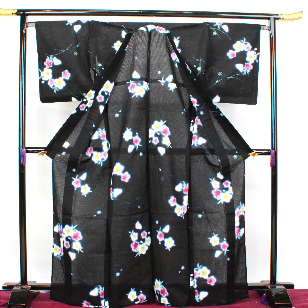 浴衣 桜 木綿 Sランク 単衣 身丈168cm 裄丈67.5cm 黒系 1118002092510