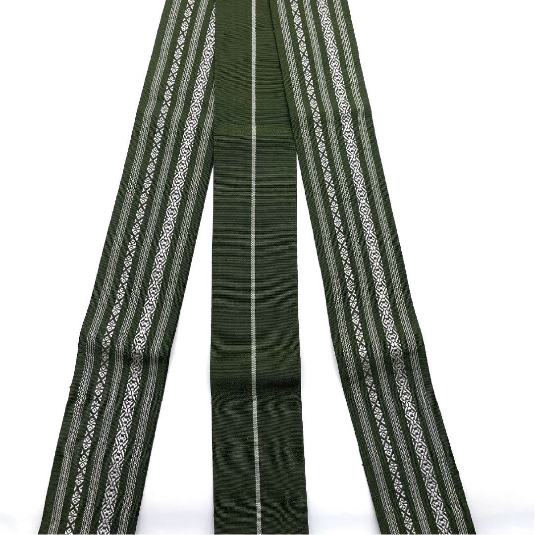 (未仕立)角帯 正絹 Sランク 勝軍色(かつぐんいろ) 博多織 献上柄 帯丈382cm 幅9cm 緑系 1134000502919