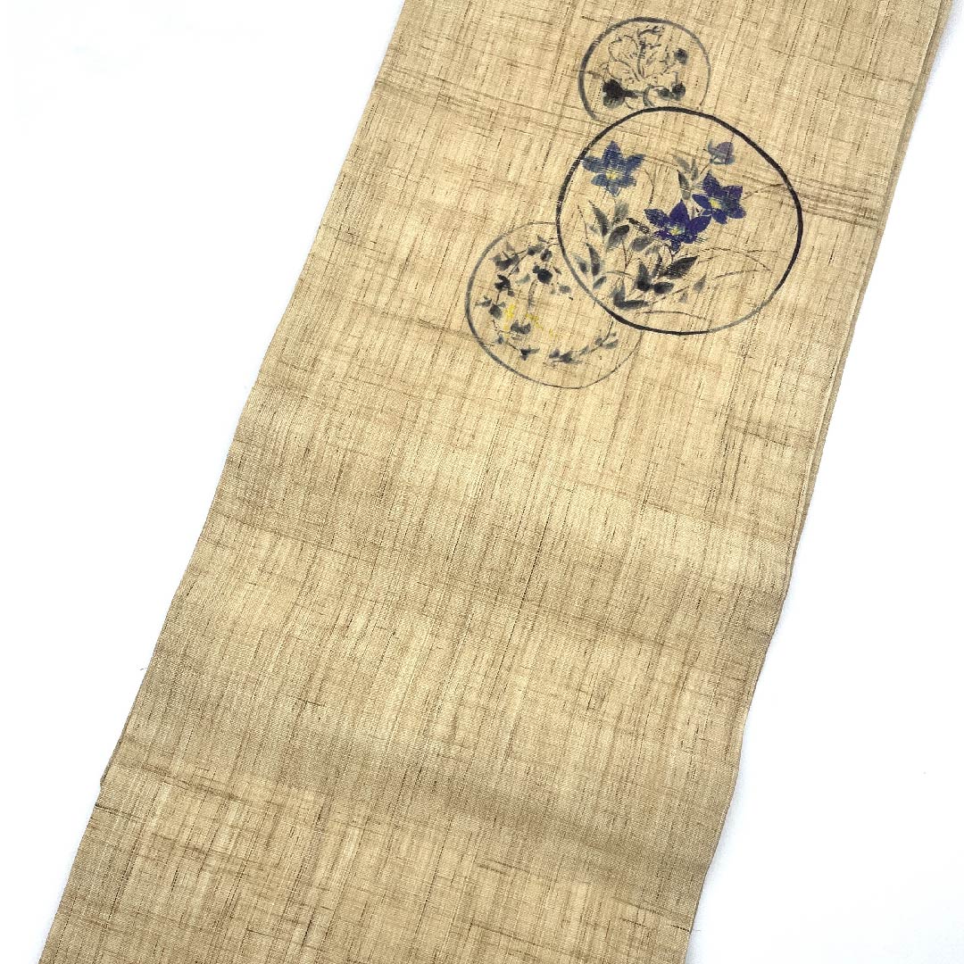 名古屋帯 東京白茶色 夏帯 紗 花紋 桔梗 染帯 帯丈349cm 正絹 Sランク ポイント柄 カジュアル ベージュ系 1124004232325 名古屋仕立て