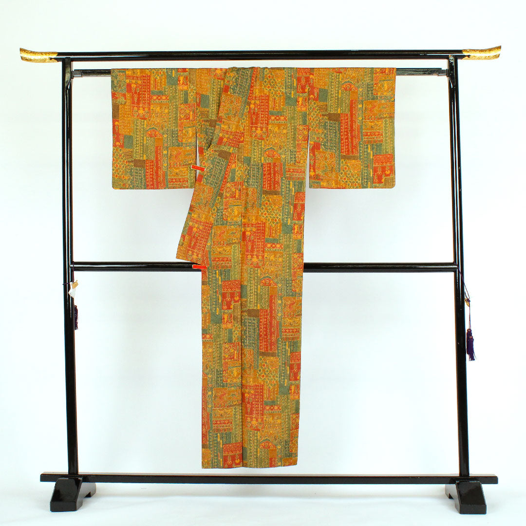 小紋 身丈152cm 裄丈64cm 袷 更紗柄 正絹 Aランク 茶系 1115000083214