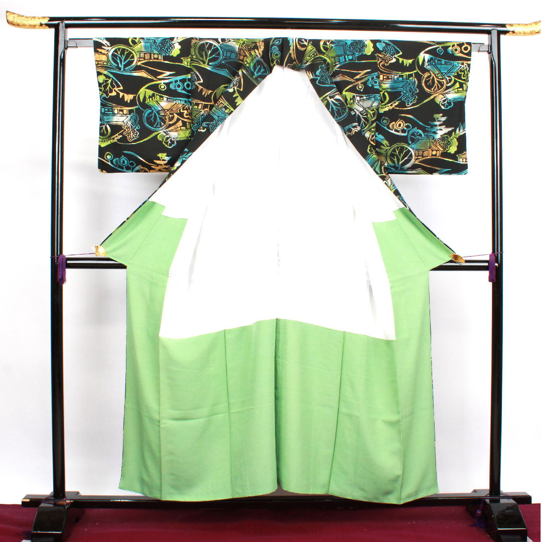 小紋 身丈155cm 裄丈63cm 袷 ろうけつ染め 風景模様 正絹 Sランク 黒系 1115003472310