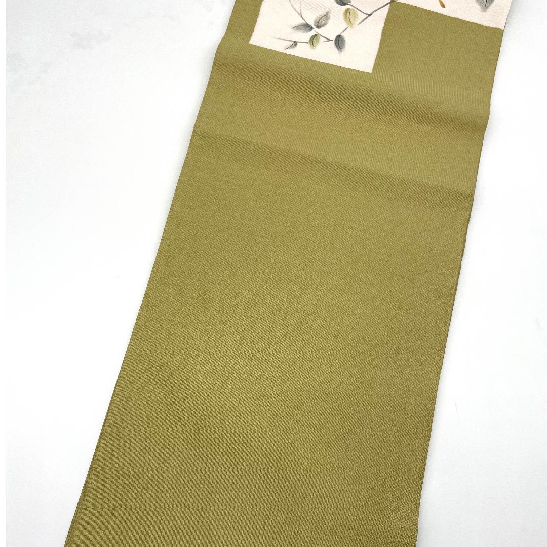 袋帯 梨子色(なしいろ) とんぼ 桔梗 染め帯 帯丈456cm 正絹 Aランク ポイント柄 カジュアル 緑系 1123008863419