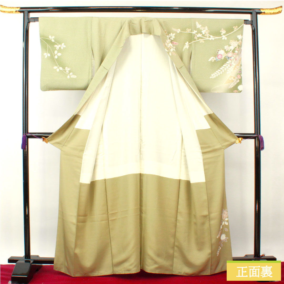 Homongi, pure silk, lined, length 163cm, sleeve length 65cm, willow-colored lining, Kyo-Yuzen, Tsujigahana, S rank, green, 1112003992419