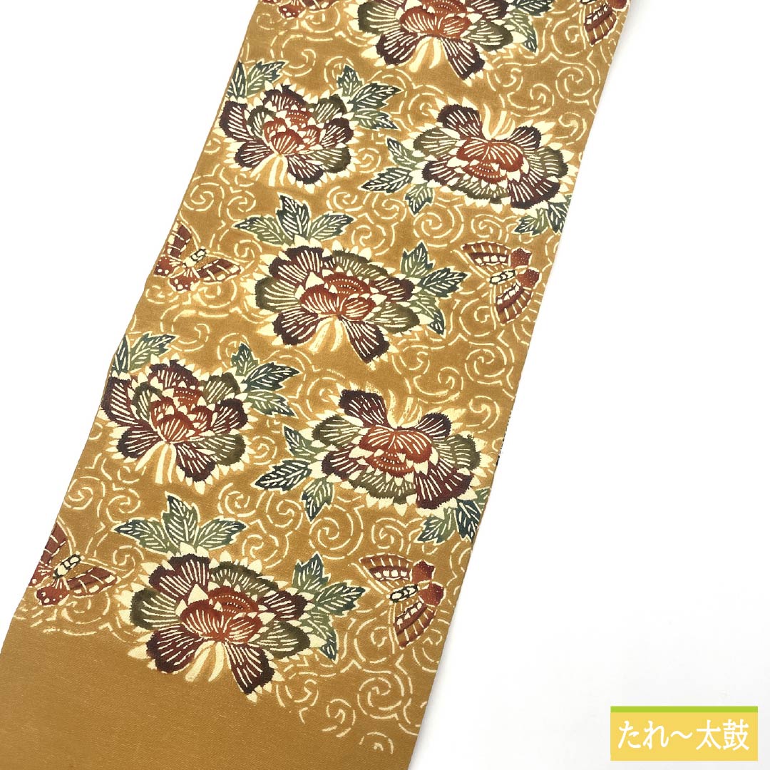 Nagoya Obi, Pure Silk, Grade A, Biwachairo (Biwa-chairo), Kyoto Bingata Design, Peony and Butterfly Design, Length 355cm, Six-Ply, Casual, Beige, Product Number 1124009273325, Nagoya Style