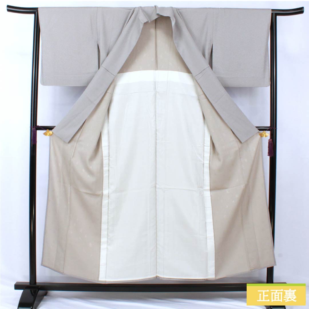 色無地 正絹 Sランク 身丈154cm 裄丈64cm 錫色(すずいろ) 一つ紋 丸に片喰 唐草 単衣 グレー系 1114002382222