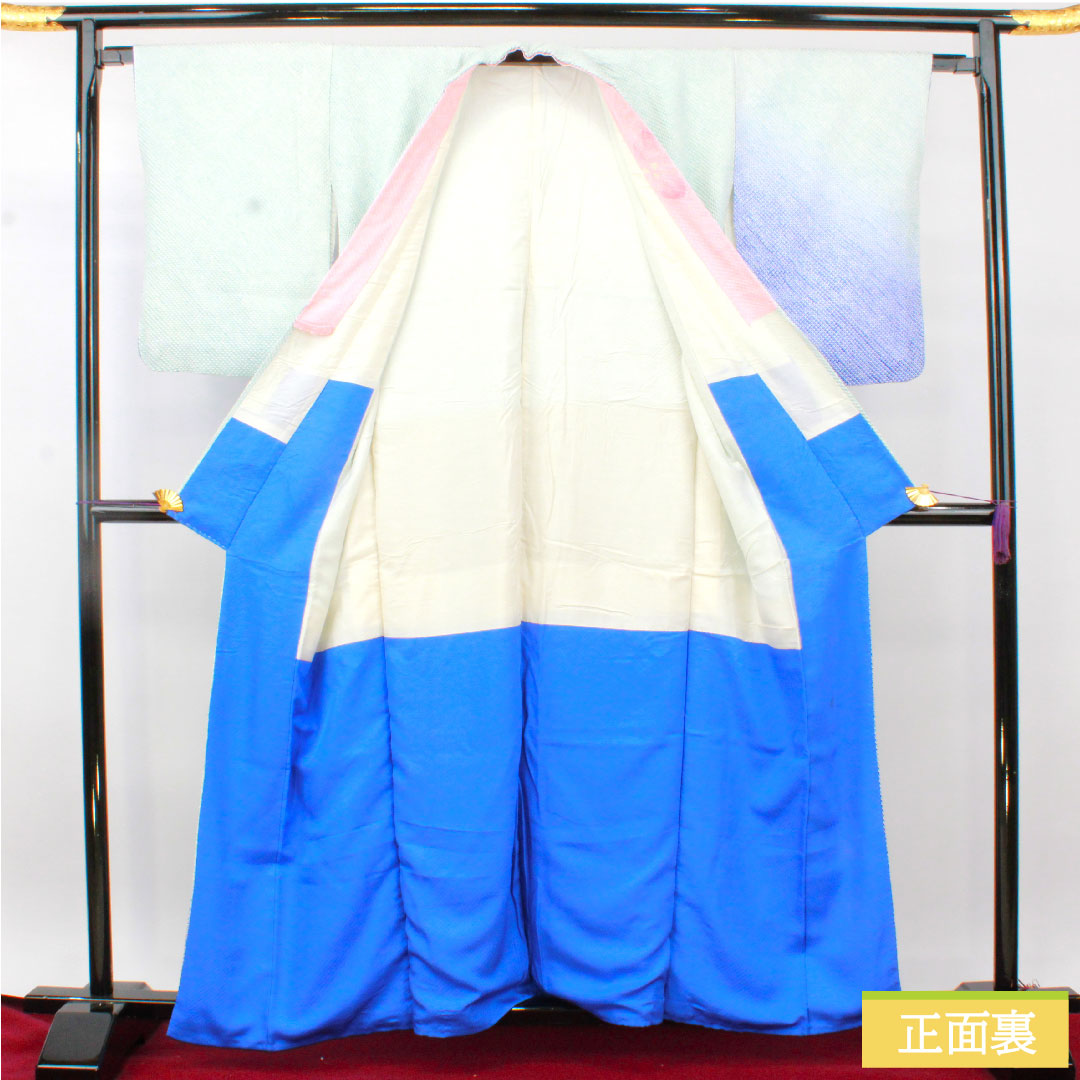 訪問着 正絹 袷 身丈159.5cm 裄丈64cm 藍白色(あいじろいろ) 総絞り 重ね衿付き Bランク 水色系 1112004824324