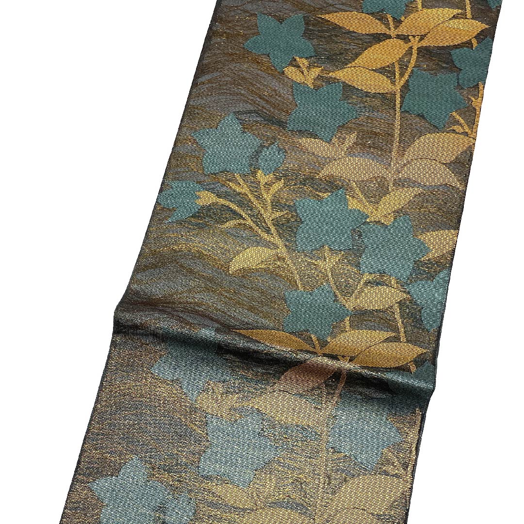 袋帯 黒鼠色(くろねずいろ) 夏帯 花模様 帯丈422cm 正絹 Aランク 全通 フォーマル 黒系 1123007323310