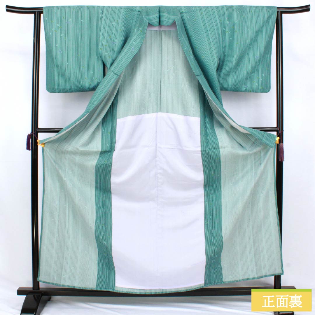 Polyester Komon A rank, length 164cm, sleeve to sleeve 63cm, unlined, Hanarokushō-iro, stencil-dyed, stripes, flower petals, with hip reinforcement, green-toned 1115007863419