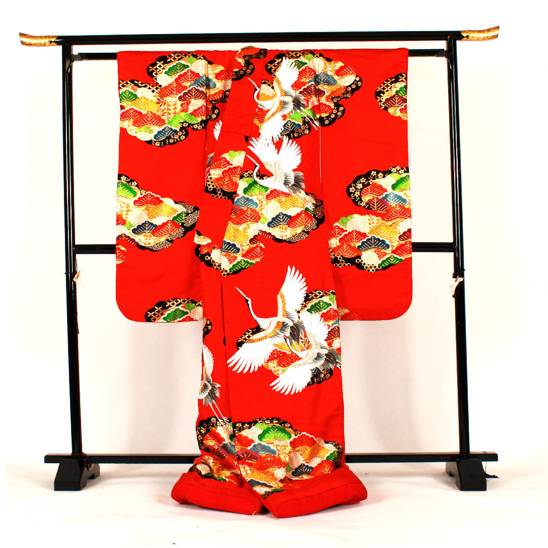 色打掛 身丈186cm 紗綾形 鶴 松 正絹 Sランク 袷 赤系 1110000112812