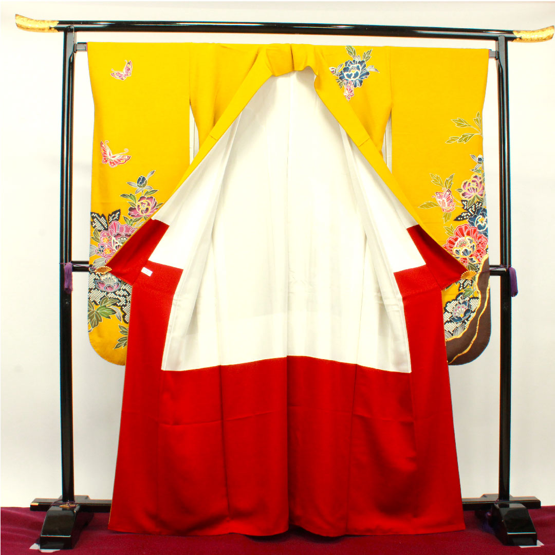 振袖 身丈164cm 裄丈66cm 袷 八丈色 京紅型 蝶 草花模様 正絹 Sランク 黄系 1113001742423