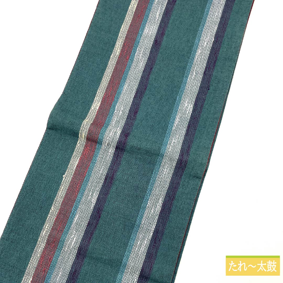 (Kyoto Fukuro Obi) Nagoya Obi Deep Indigo (Fukakiaiiro) Kyoto Fukuro Obi Striped Length 348cm Pure Silk S Rank Full Length Casual Green 1124006972319 Open Style