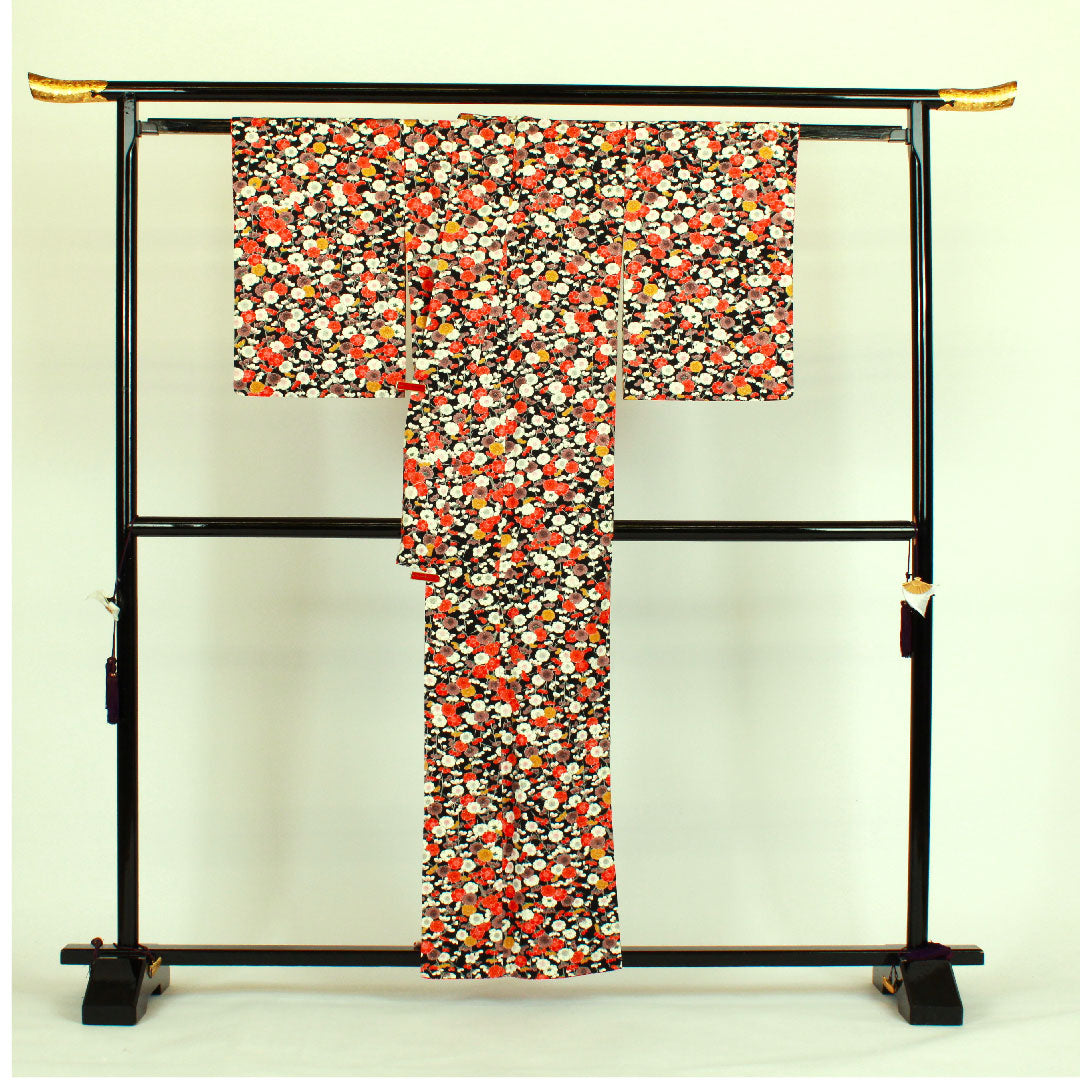 小紋 身丈158.5cm 裄丈61cm 袷 梅柄 正絹 Sランク 黒系 1115000472310