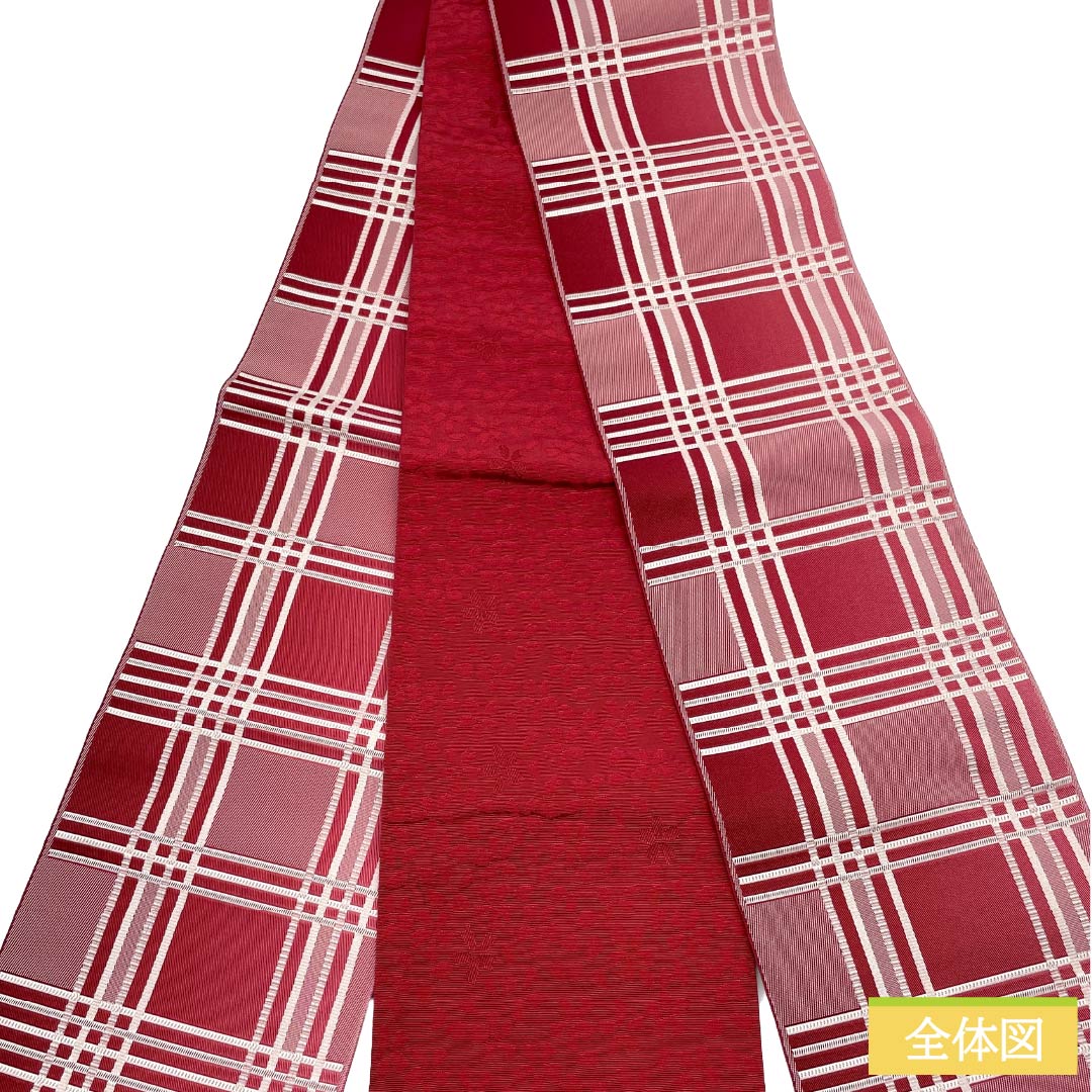 (新品)半幅帯 ポリエステル NEWランク 祭紅色(さいこうしょく) 真紅色(しんくいろ) 格子 小桜 広幅 リバーシブル 帯丈396cm 赤系 1125006341312