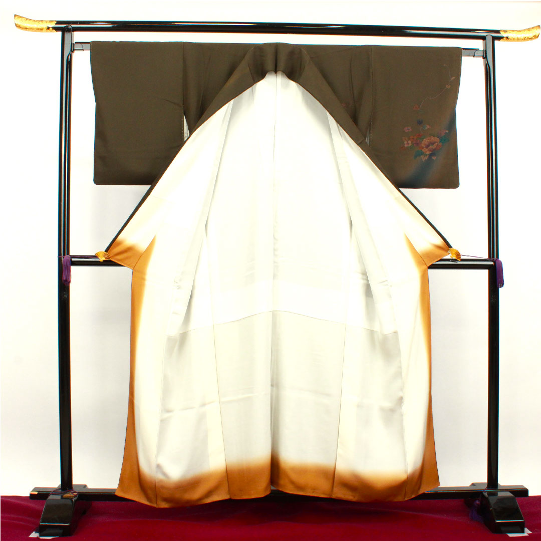 Homongi, pure silk, lined, length 157cm, sleeve length 64cm, yellow-black, floral pattern, A rank, green, 1112003023319