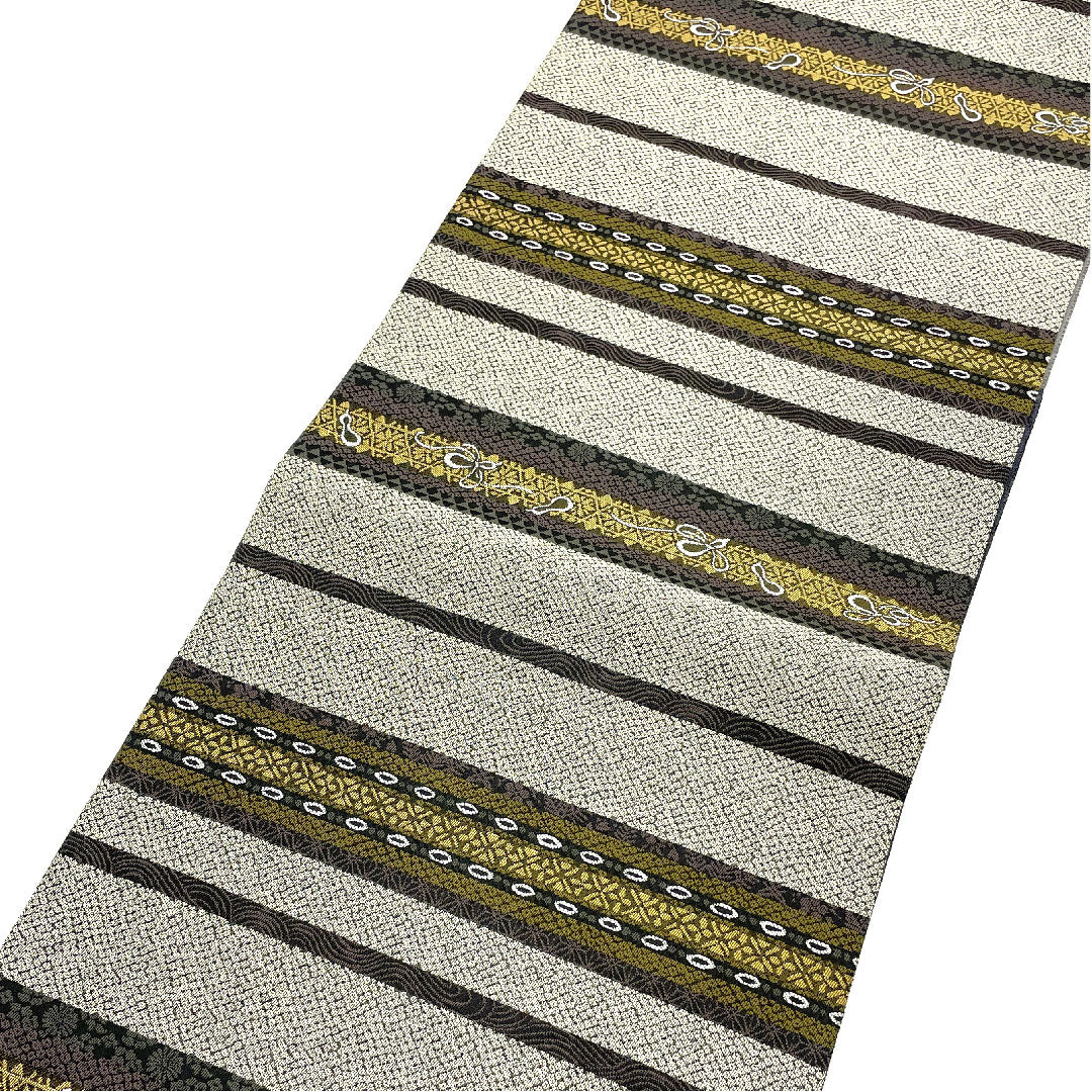 袋帯 両面全通 横段 抽象模様 リバーシブル 帯丈452cm 正絹 Sランク 全通 カジュアル グレー系 1123004592422