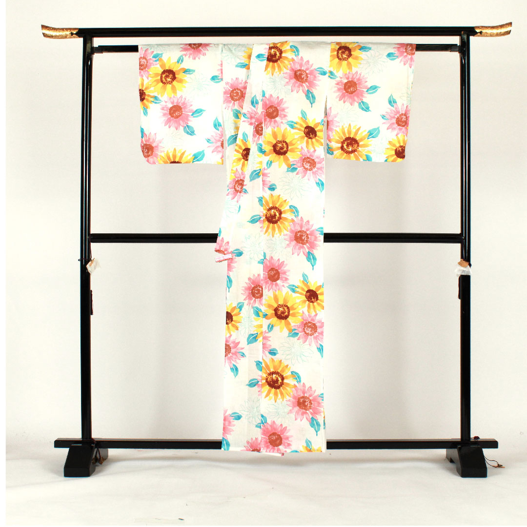 浴衣 向日葵 木綿 Sランク 単衣 身丈163cm 裄丈67cm 白系 1118000852411