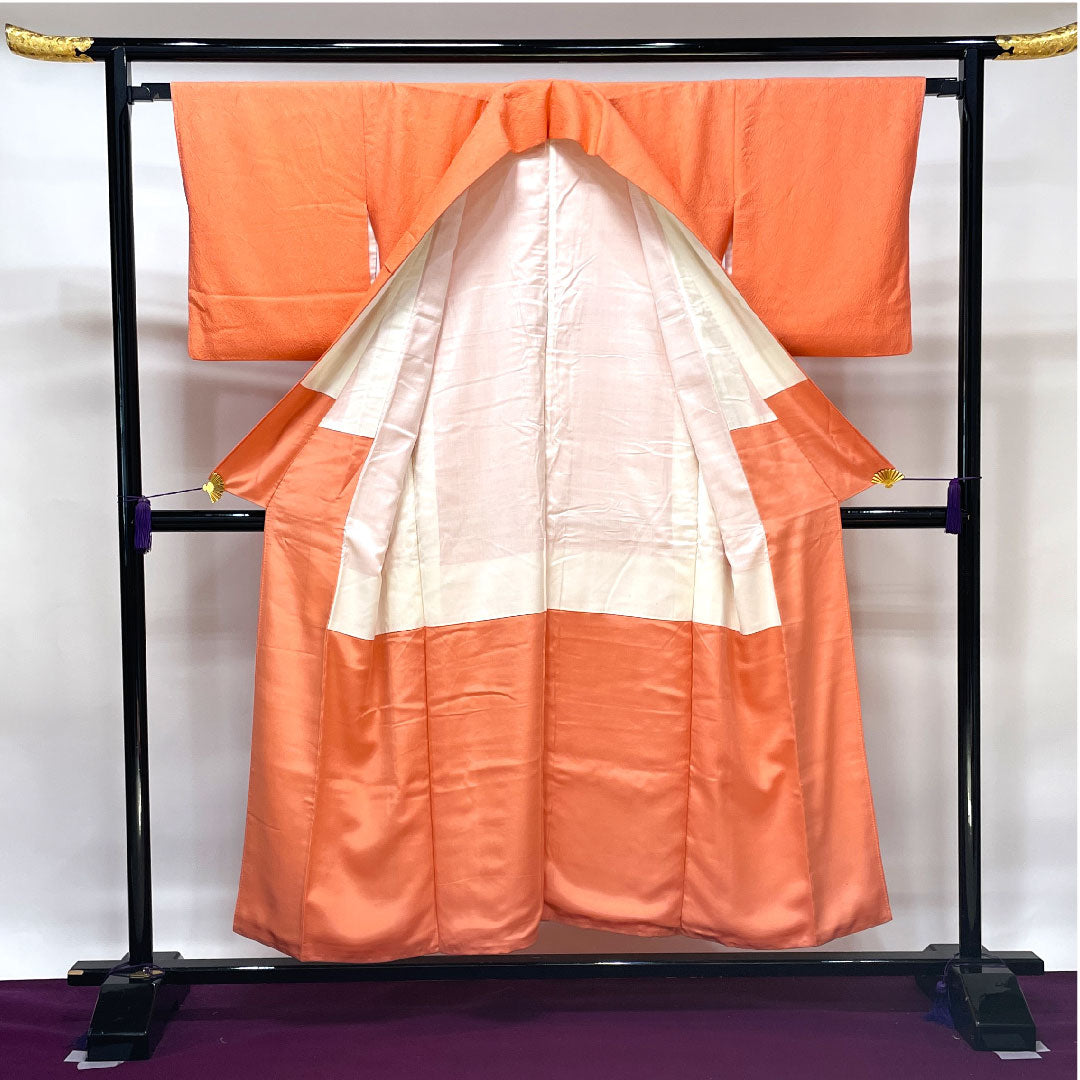 色無地 正絹 中紅色 折目雁木扇 身丈153.5cm 裄丈64.5cm 袷 Aランク ピンク系 1114000723213