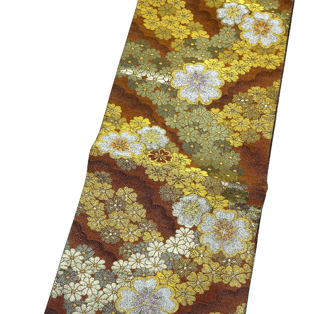 袋帯 雀色(すずめいろ) 小花 帯丈427cm 正絹 Sランク 六通 フォーマル 茶系 1123008382314