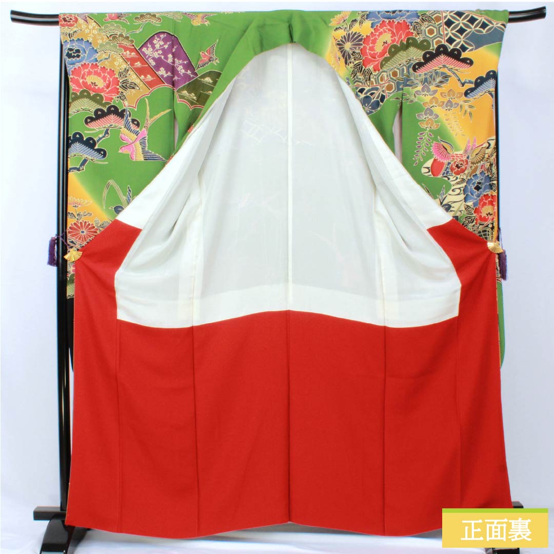 振袖 正絹 Aランク 身丈164.5cm 裄丈69cm 袷 松葉色(まつばいろ) 京紅型 吉祥文様 牡丹 菊 松 緑系 1113002363419