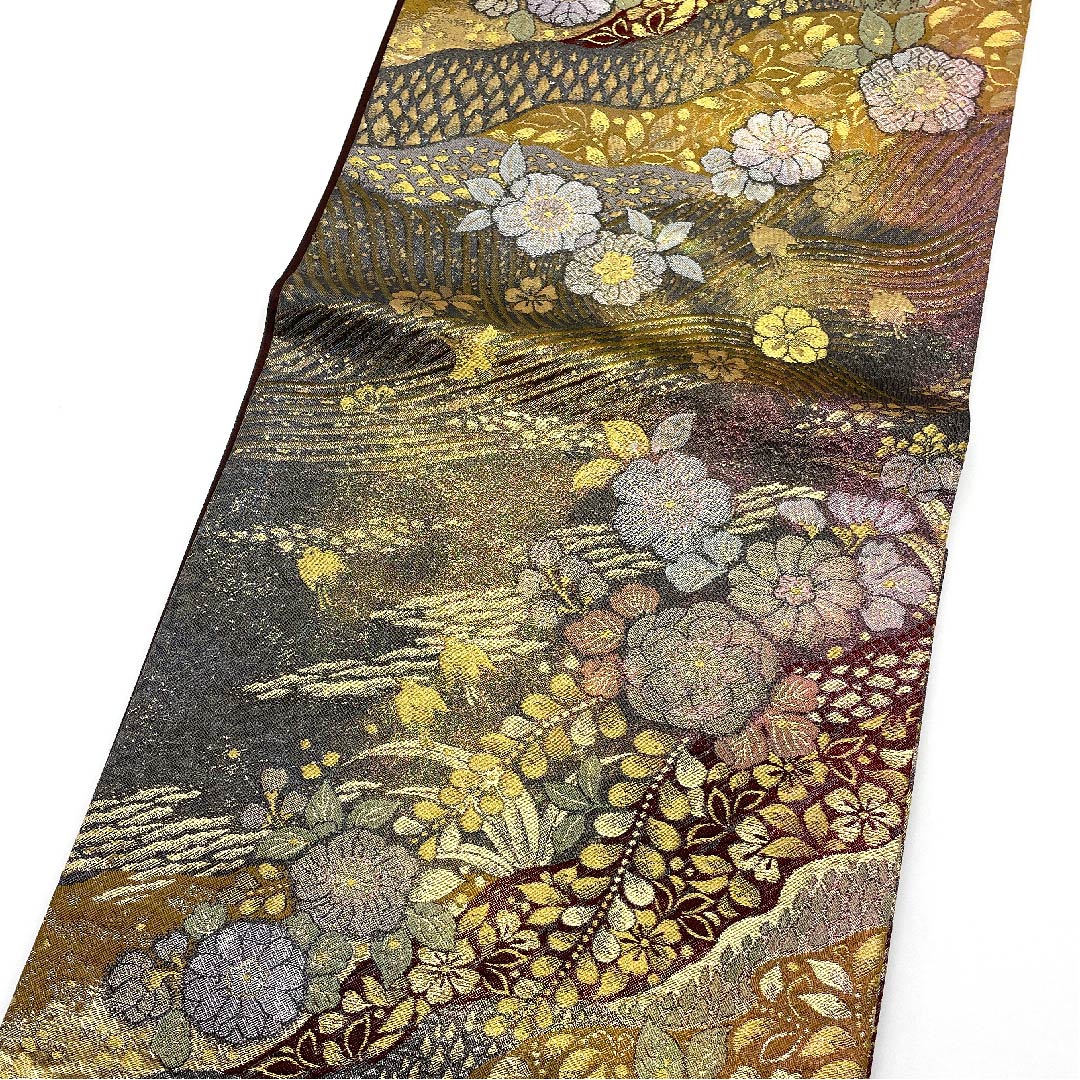 袋帯 熨斗目色(のしめいろ) 辻ヶ花 本金箔 プラチナ箔 帯丈424cm 正絹 Sランク 六通 フォーマル グレー系 1123005782322