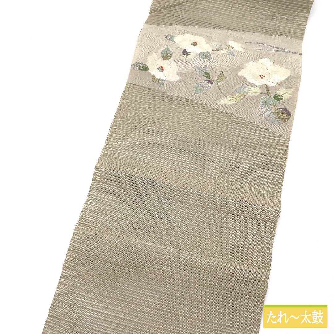 名古屋帯 正絹 亜麻色(あまいろ) 夏帯 すくい織 夏椿 帯丈362cm Sランク ポイント柄 セミフォーマル ベージュ系 1124008702325 松葉仕立て