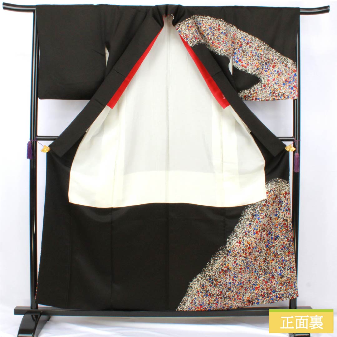 訪問着 正絹 Sランク 袷 身丈157.5cm 裄丈66cm 染色作家 田中文子 重ね衿付き 三松シルクケア 黒系 1112007492310