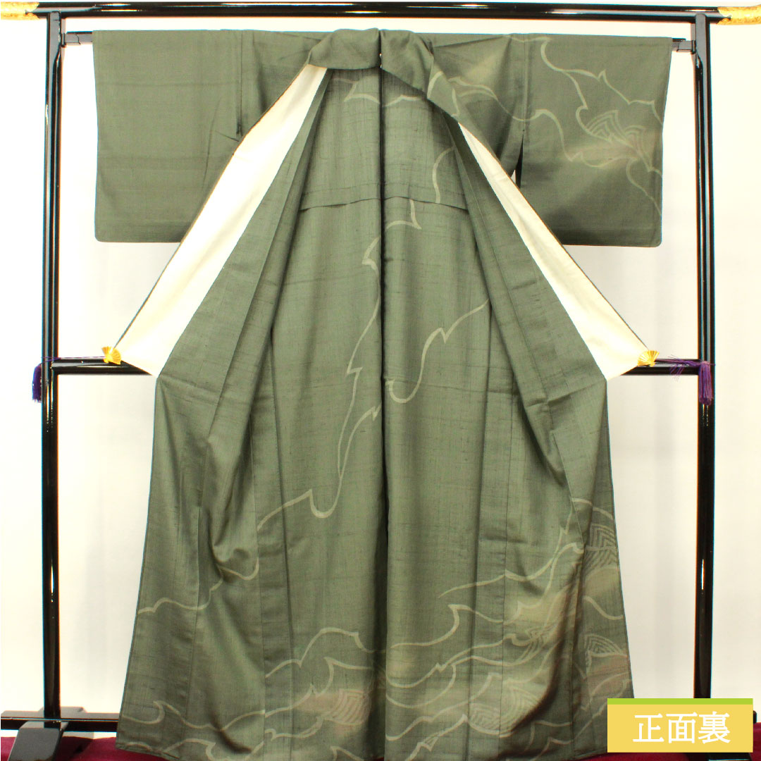 訪問着 正絹 単衣 身丈168.5cm 裄丈66.5cm 鈍色(にびいろ) 紬地 抽象模様 Sランク 緑系 1112004212519