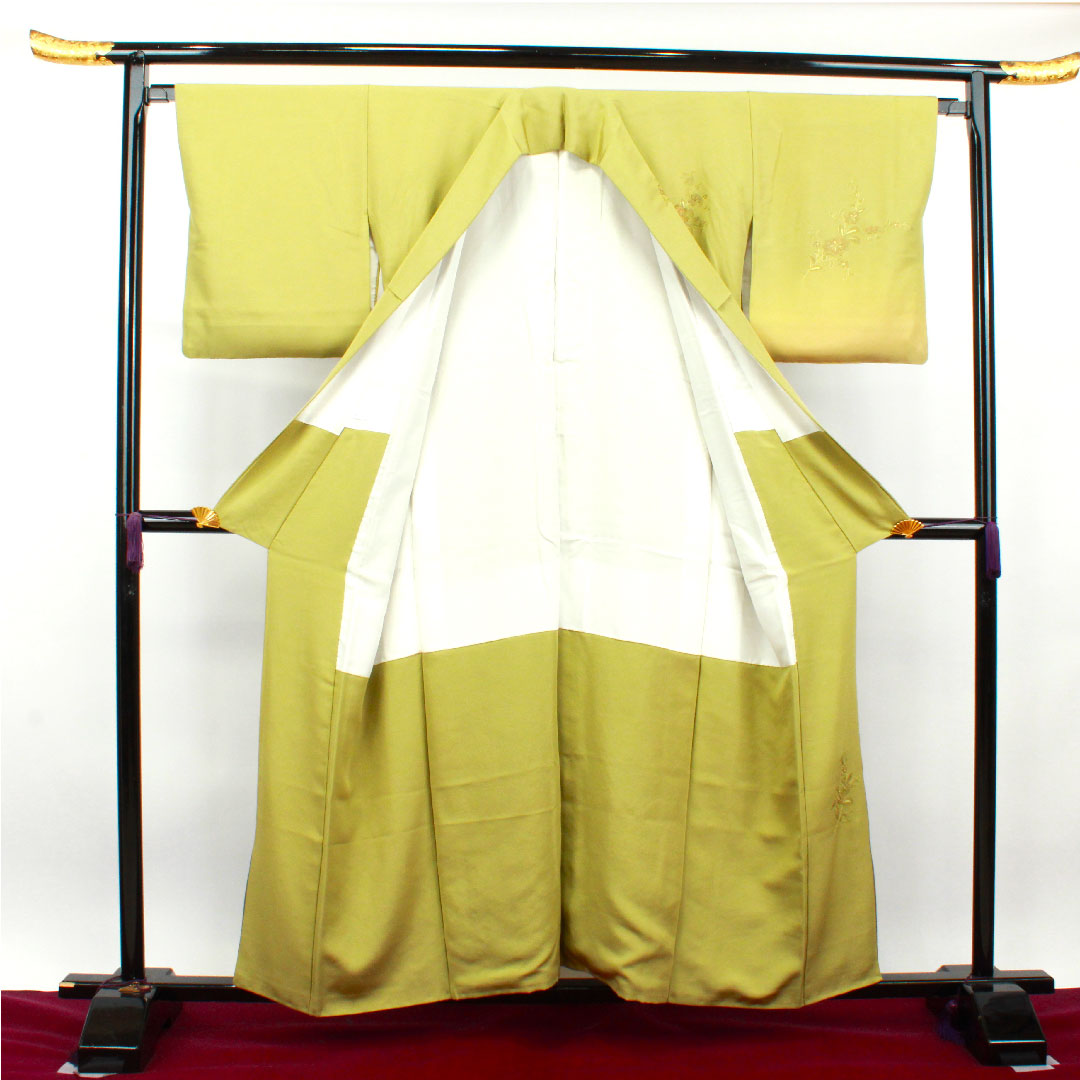 訪問着 正絹 袷 身丈156.5cm 裄丈65cm 浅青朽葉色 蘇州刺繡 汕頭刺繡 草花模様 作家物 五三桐 Sランク 緑系 1112003122319