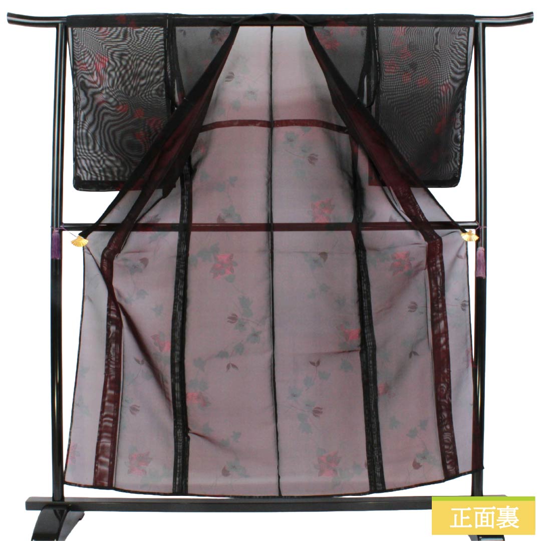 夏物 正絹 お召 Sランク 身丈158cm 裄丈64cm 草花模様 紗 黒系 1132006392310