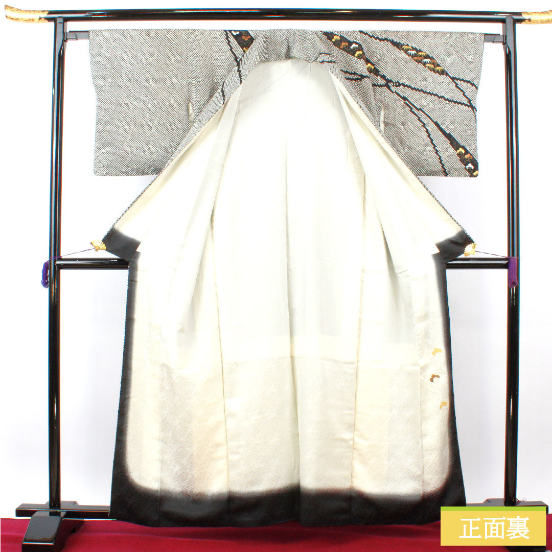 訪問着 正絹 袷 身丈160cm 裄丈63cm 総絞り 松竹梅 Sランク 黒系 1112004642410