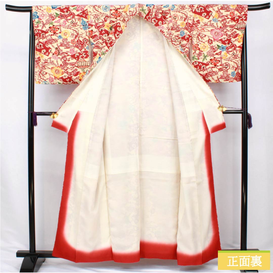 小紋 正絹 Sランク 身丈159.5cm 裄丈66cm 袷 東京白茶色(とうきょうしらちゃいろ) 京紅型 京都風景図 クリーム系 1115006852315